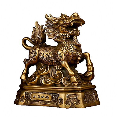 Feng Shui Golden Brass Qilin/Kylin Statue + Set of 10 Lucky Charm Ancient Coins on Red String, Home Decoration Gift,Attract Wealth and Good Luck,Feng Shui Decor