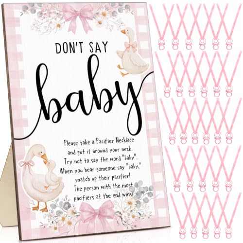 Image of Wesiti 51 Pcs Baby Shower Games Pacifier Necklace Wooden Sign,Pink,Goose