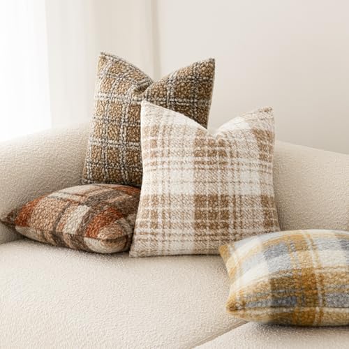 Image of Foindtower Pack of 2 Soft Faux Fur Boucle Throw Decorative Pillow Covers Fuzzy Accent Check Cushion Sherpa Boho Farmhouse Pillowcase for Couch Sofa Bed Living Room Home Decor 20x20 Inch,Light Brown