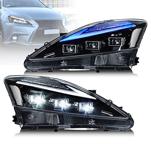 VLAND Full LED Headlights For [ Lexus IS250 IS350 ISF IS 220d 2006-2012 ISF 2008-2014 ] With Bule DRL Startup Animation & Sequential Turn Signal Clear Reflector Pair