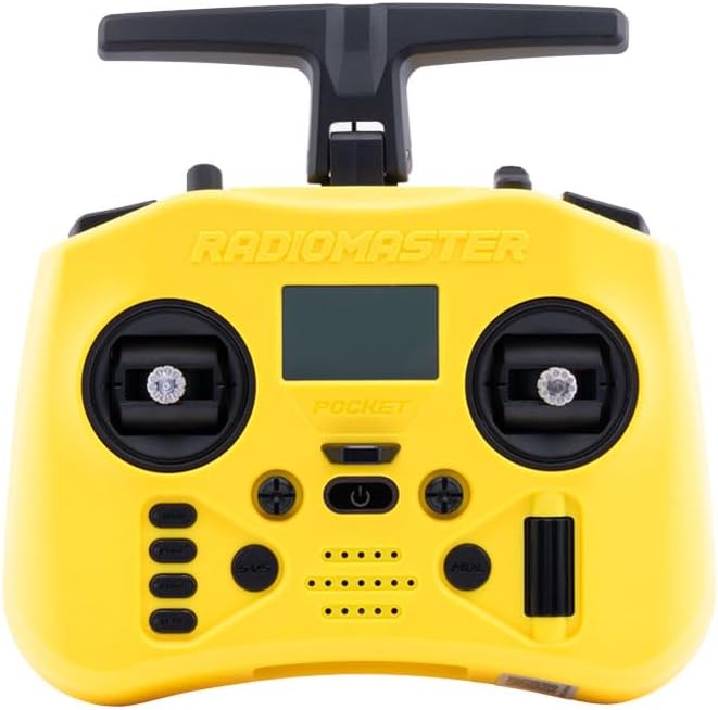 Përpara view of the Radiomaster Pocket Crush transmitter in Lemon Twist Yellow