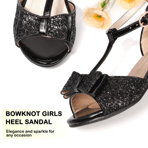 PANDANINJIA Lilly Girls Heels Todder Dress Shoes Pump T Strap Open Toe Bow Little Big Kids Flower Girl Shoes(Black Sequin, 1 M US Little Kid)2