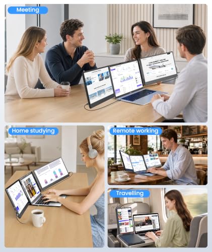 Image of 14.2 inch Laptop Screen Extender, 1080P FHD Triple Portable Monitor for Laptop | For 13-17.3 inch Laptop, Built-in Auto Width Adjustment Button, Plug & Play, Travel Monitor Extender Works with Wins /MacOS /Chrome
