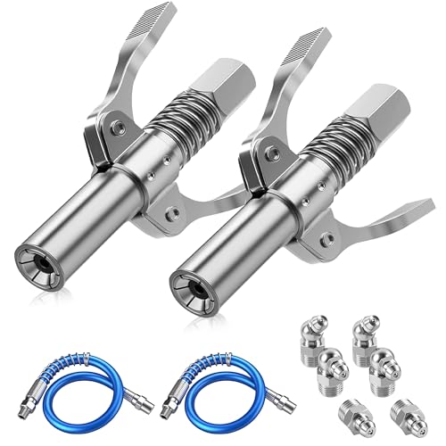 Zevmi 2 Stück Fettpresse Mundstück Aufsatz: Doppelter Griff Fettpresse Adapter mit Schlauch 30cm und M10 Schmiernippel für Fettpressen Schmiernippel Zubehör
