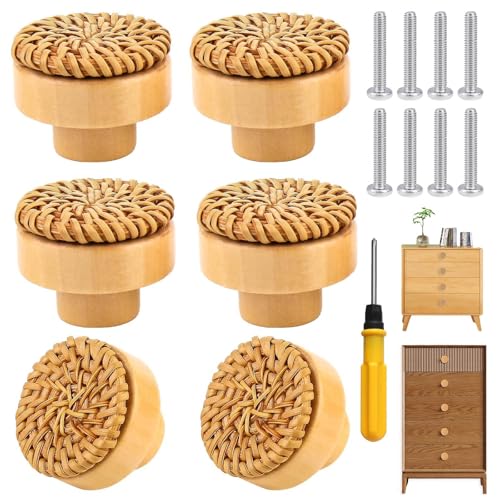 qhklew Juego de 6 pomos de muebles de ratán, pomos de madera, pomos de muebles de madera natural, pomos de armario para habitación infantil, con tornillos y destornillador