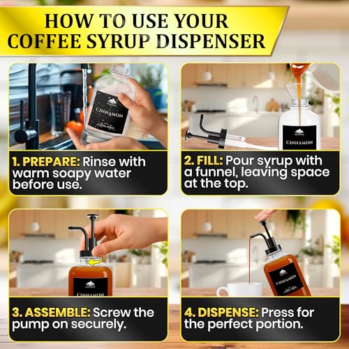 Image of Set of 4 Glass Coffee Syrup Dispenser with Pump 16.9oz 500 ml - 18 Marked Labels - Leak-Proof Glass Syrup Bottles for Coffee Bar, Espresso Station & Barista Setups | Parties & Event Ready (Black)