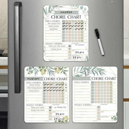 Magnetic Chore Chart for Kids Multiple Kids -3 Dry Erase Chore Chart for Adults & Teens, to Do List Fridge Behavior & Responsibility Charts for Toddlers, Greenery Family Chores Board