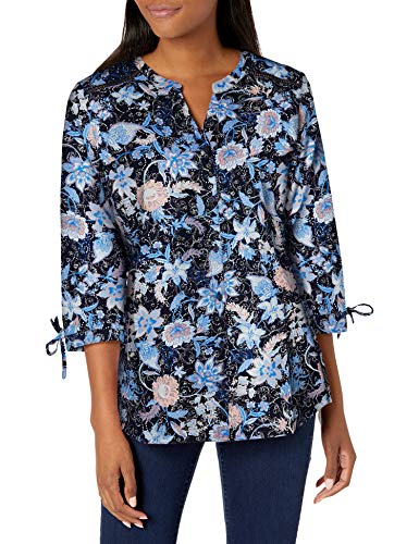 Erika Women's Gwen Button Up Tie Sleeve Top, Navy Jasmine Jati, X-Large