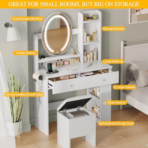 DWVO Vanity Desk with Mirror and Lights, Makeup Vanity Table Set with Power Outlets and Chair, 3 Lighting Colors, Makeup Desk with 2 Drawer and Lots Storage Shelves, White Dressing Table for Bedroom