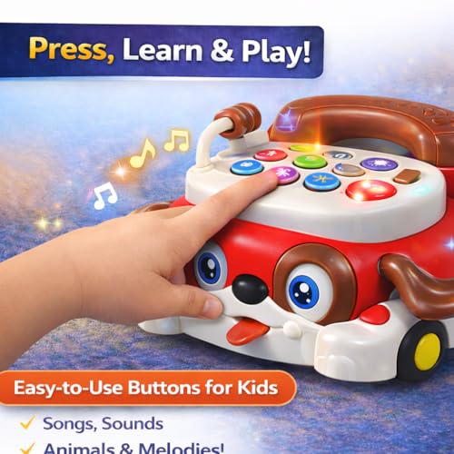 Image of Brand Conquer Educational Dog Telephone Toy for Kids | Interactive Learning Toy with Lights, Music & Bump & Go Action | Number Learning Toy with Sound & Movement | Baby & Toddler Toy (Red)