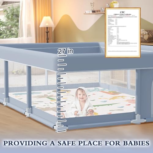 Image of XVISHX 74 x 50 Inch Baby Playpen with Mat, Playpen for Babies and Toddlers, Baby Playard for Indoor & Outdoor Active Center Game Fence, with Skin-Friendly Fabric and Soft Breathable Mesh, Grey