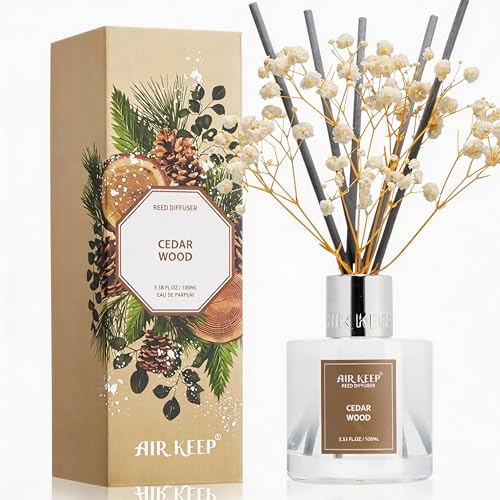 Image of Airkeep Reed Diffuser Set,3.38 fl oz (100 ml) - Cedar Wood Oil Diffusers with 8 Reed Sticks, Home Fragrance Reed Diffuser for Bathroom Shelf Decor