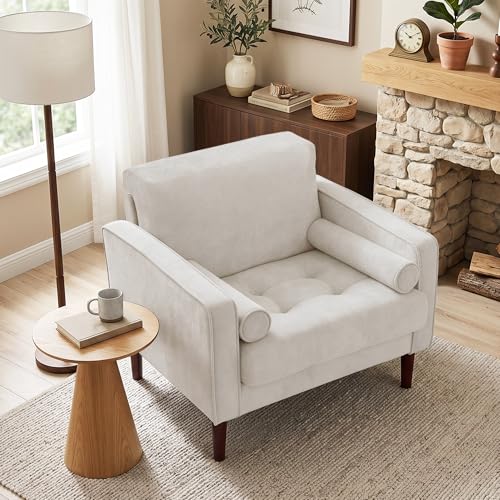 Image of Accent Chair, Chenille Upholstered Armchairs for Living Room, Comfy Single Sofa Bedroom Reading Seat with 2 Bolster Pillows, Beige