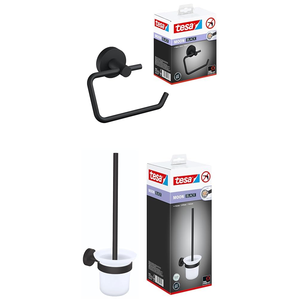 tesa Moon Black Set: Portarrollos de Papel higiénico - portarrollos sin Tapa para Cuartos de baño y WC - Set con portarrollos y escobilla de WC, Negro Mate - sin taladrar, Incl. solución Adhesiva