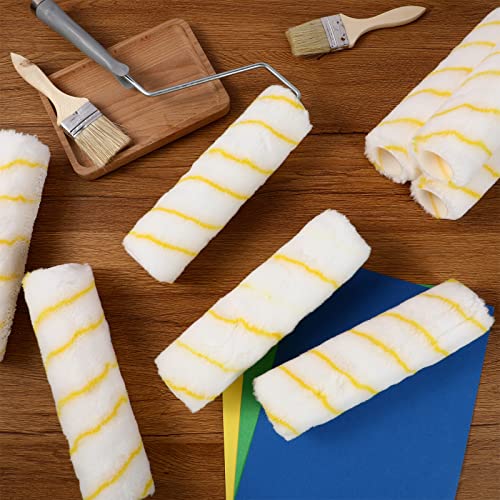 Pinkunn 48 Pcs Paint Roller Covers 9" x 1/2" Nap Microfiber Paint Roller Covers Bulk Refills Rollers for Painting House Painting Supplies for Walls, Ceilings and Drywall (Yellow Stripe)