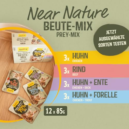 GimCat Near Nature Probier-Mix 12er - Getreidefreies Nassfutter für Katzen ab dem 7. Monat mit artgerechter und beutenaher Rezeptur - 12 Beutel (12 x 85 g)