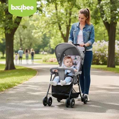 Image of Baybee Stroller Baby for Boy & Girl 0 to 3 Years | Foldable Strollers with Canopy, Parent Handle, 2-Position Adjustable Seat, 2-Point Safety Belt | Travel Pram for Kids (Grey)