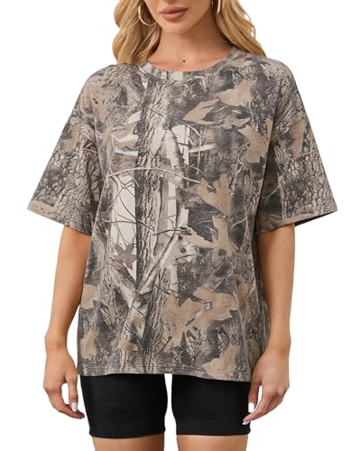 Image of MSBESYOR Camo Shirt for Women Maple Leaf Print Short Sleeve Crewneck T-Shirts Summer Oversized Tee Shirts Streetwear