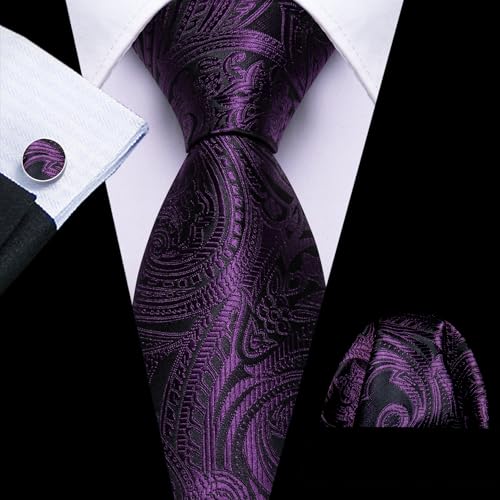 Image of Barry.Wang Men Tie Set Paisley Silk Necktie Pocket Square Cufflinks Formal Wedding Business Party