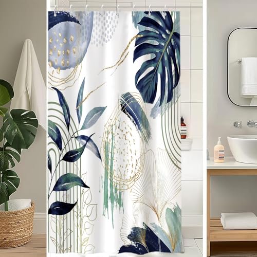 Uiiooazy Rideau Douche Anti Moisissure, Rideau de Douche 120x200cm Bleu Marine Tropicale Feuilles de Palmier Jungle Boho Rideaux de Baignoire Tissu Lavable Imperméable Rideaux de Bain avec 8 Crochets