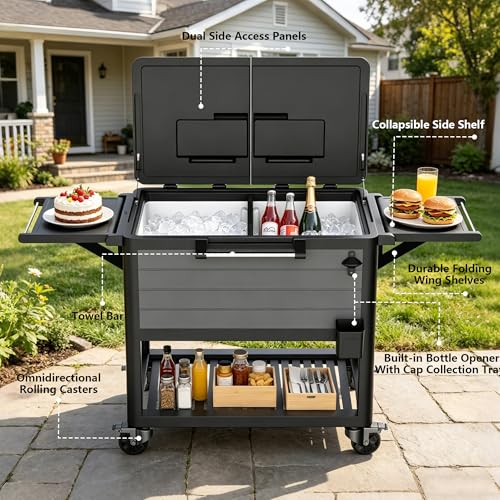 Image of 104 QT Patio Cooler Cart with Wheels, Outdoor Rolling Ice Chest Cooler for Patio, Pool, Deck & Backyard, Portable Beverage Bar Cart with Double Lid, Foldable Side Tables, Bottle Opener & Storage Shelf