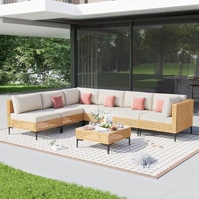 WELYAS Patio Furniture Set 7 Piece Outdoor Sectional Free Combination Outdoor Couch with Thick Cushion All Weather Wicker Patio Conversation Sets for Backyard, Deck, Poolside