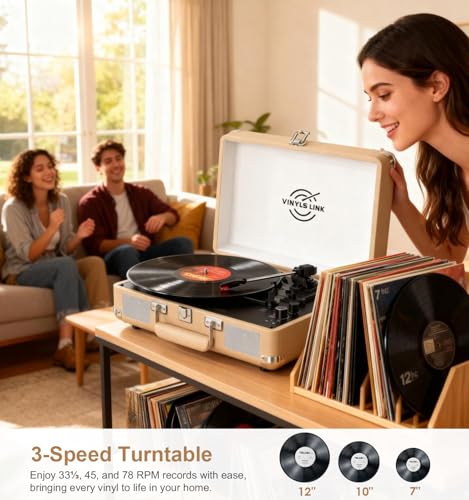 Image of VINYLSLINK Bluetooth Vinyl Record Player with Treble & Bass Adjustment, Vintage Portable Turntable Suitcase with Built-in Speakers, 3-Speed Belt Drive (33 /45 /78 RPM), Auto Stop, RCA /AUX /Headphone Jack