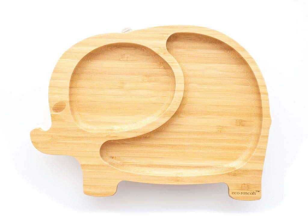 Eco Rascals Natural Bamboo Plates For Baby Toddler | Elephant Shaped Baby Suction Plate | Stay Put Feeding Plate For Weaning With Two Sections | Detachable Suction Base