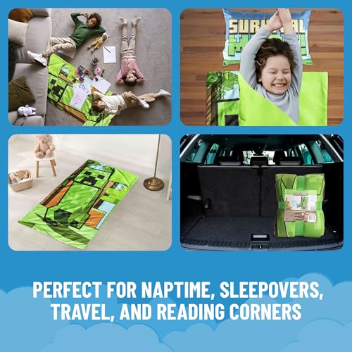 Image of Jay Franco Kids Slumber Bag and Pillow - 54 x 27 Inch Comfy Indoor Sleeping Bag for School and Sleepovers, 2 Piece Set, Green - Minecraft