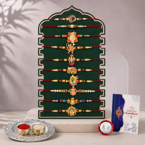 Image of Oblivion Designer Trendy Multicolor Rakhi Combo for Brother Bhaiya Bhai with Thali, Roli Tikka, Silver Color Pooja Coin & Greeting Card | Raksha Bandhan Festival Gift Set | Pack of 14