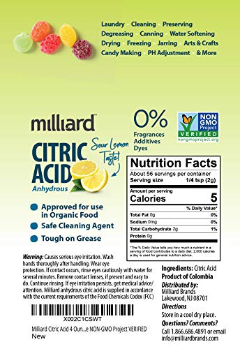 Milliard Citric Acid 4 Ounce - 100% Pure Food Grade NON-GMO Project VERIFIED