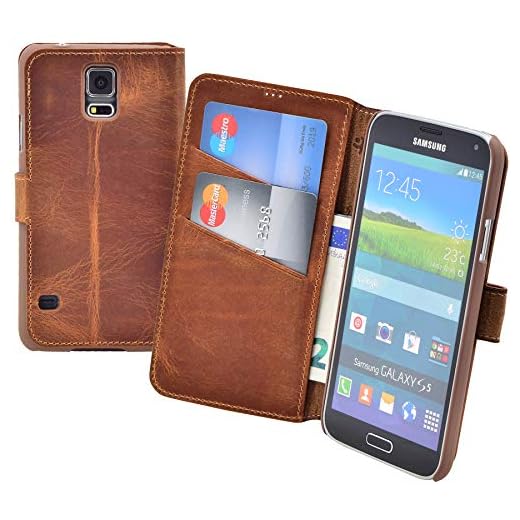 Original Suncase Book-Style läderfodral för Samsung Galaxy S5 Neo (SM-G903F) * äkta LEDER* med kortfack och ståfunktion Case etui skal, antik-cognac