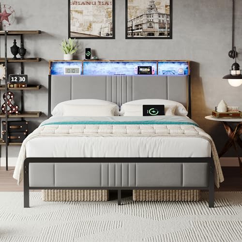 Image of Nelaukoko Queen Size Bed Frame, Metal Platform Bed Frame with Smart LED Lights and Charging Station, Ergonomic Velvet Headboard, No Box Spring Needed, Easy Assembly