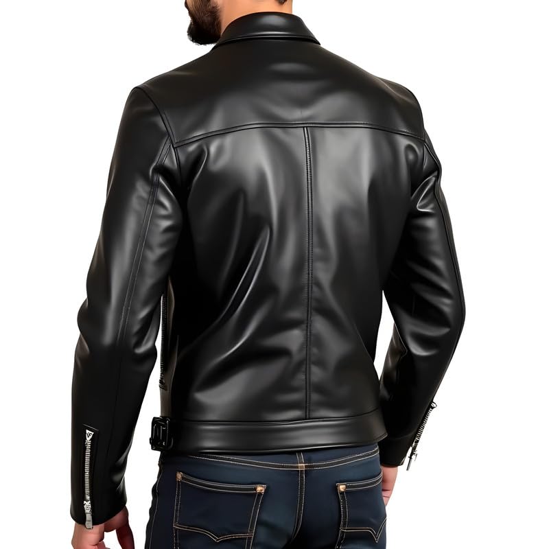 Iconic Men's Black Leather Motorcycle Jacket - Slim Fit Biker Coat with Asymmetrical Zipper2