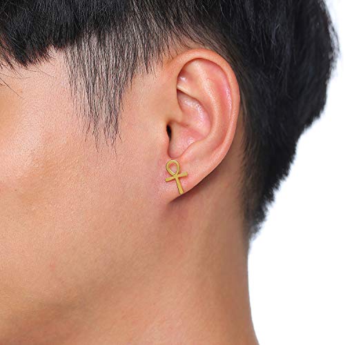 Ancient Egyptian Symbol Ankh Cross Stud Earrings Stainless Steel Key of Life Ear Plugs for Men Women