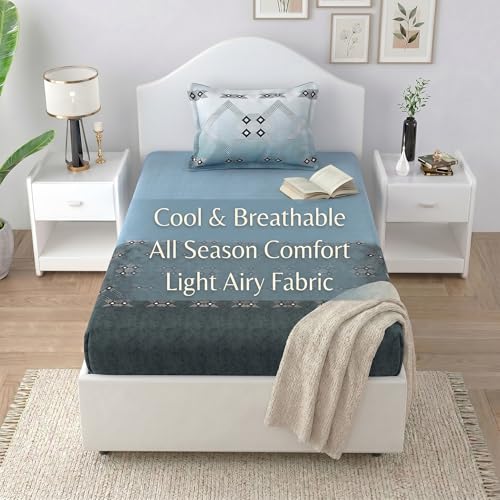 Image of Mafatlal 186 TC Autumn Delight Graceful Pure Cotton Single Flatsheet (60 x 90 Inch) | Breathable Summer Comfort | Wrinkle-Free Floral Bedsheet with 1 Pillow Cover, Elegant Blue