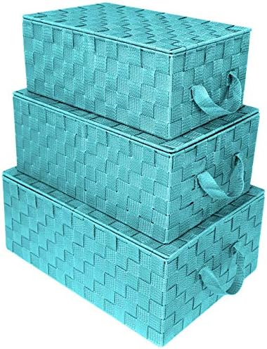 Sorbus Set of 3 Aqua Woven Lid Baskets - Rustic Woven, Casual Contemporary Storage Bins with Lids - 17x12x7, 15.5x10.25x6.5, 14x7.75x5.62