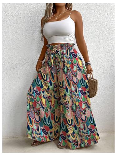 OYOANGLE Women's Plus Size Boho Printed Drawstring Elastic High Waist Palazzo Pants Casual Loose Trousers3