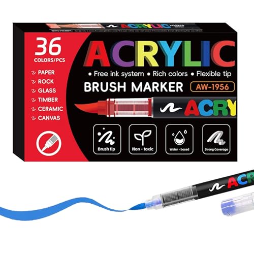 Shuttle Art アクリルペイントマーカーセット ? ブラシチップペイントペン ロック/ファブリック/木材/DIY用 | 防水 鮮やかな色 (36色)