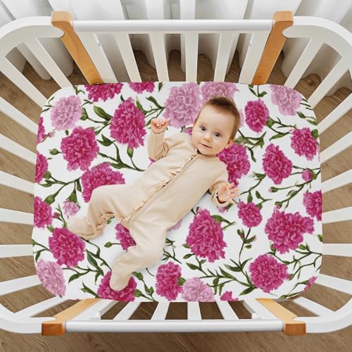 Image of Crib Sheet Breathable Soft Crib Mattress Sheet for Baby Toddler Boys Girls Fitted Crib Sheet Fit Standard Crib Mattress 39 x 27 Inch Hot Pink Carnation