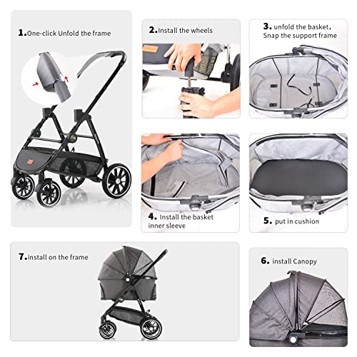 Kenyone Pet Stroller, 3 in 1 Multifunction Pet Travel System 4 Wheels Foldable Aluminum Alloy Frame Carriage for Small… - Image 6