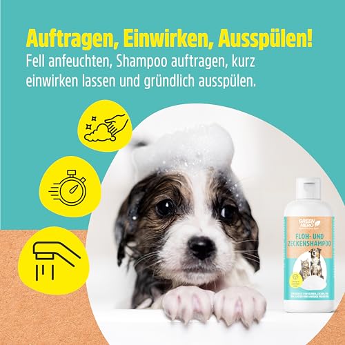 Green Hero Flohshampoo und Zeckenshampoo für Hund & Katze 250 ml | Schützt vor Flöhen, Zecken, Milben, Läusen | Hundeshampoo & Katzenshampoo ohne Silikone, Parabene & Mikroplastik