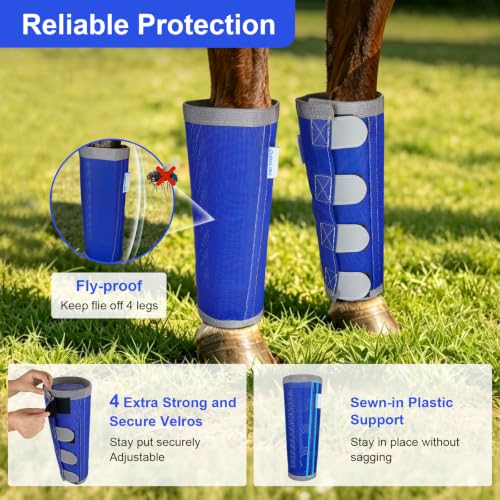 Image of Reflective Horse Fly Boots Set of 4, Loose Fitting Leggings for Horses, Equine Fly Leg Wraps Socks for 4 Legs, Breathable Adjustable and Universal Fit, Reliable Stay Put and on (Blue)