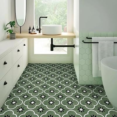Alwayspon 10Pcs 8inch/20cm Retro Green Waterproof Non-Slip Floor Tiles Decal for Kitchen Bathroom Living Room, Vinyl Flooring Self-Adhesive Peel and Stick Vinyl Sticker, T1231