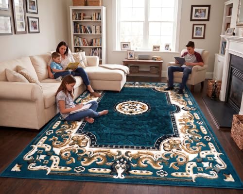 Image of SABIRA Carpet Modern Floral Area Rug Large Carpet for Living Room, Bedroom & Dining Room, Washable, Non-Slip Blue Color (6X8 FEET)