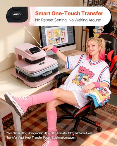 Image of VEVOR Auto Heat Press Machine, 15 x 15 inch, T-Shirt Press Machine with Auto Release and Adjustable Pressure, Digital Display, Rapid Heating, for Sublimation, Vinyl, Heat Transfer Projects, Pink