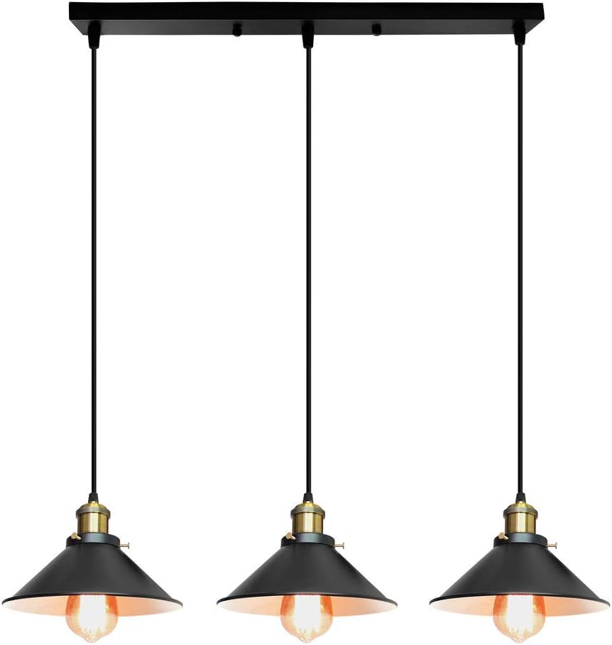 TOKIUS 3 Lampes Suspension Luminaire Industrielle E27 Plafonnier Vintage Lustre Abat-jour En Métal Et Bois 160mm Rétro Pour Salon Cuisine Chambre (Avec Une Barre