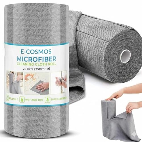 Image of E-COSMOS Microfiber Cleaning Cloth Roll, 20 Pack - 25x25 cm Reusable & Washable Tear-Away Kitchen Towels - Soft Lint-Free Multi-Purpose Cloths for Home, Office, Car, and Electronics (Grey)