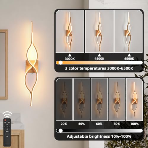 Image of Battery Operated Wall Sconces Set of 2, Wood 31.4'' LED Dimmable Wall Sconce with Remote Control, Adjustable Color Temperature Brightness for Living Room Bedroom and Hallway USB Rechargeable Lighting