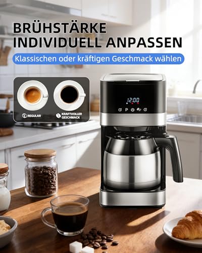 Edelstahl Kaffeemaschine mit timer, 24H programmierbar, LED Display, Warmhalteplatte, Abschaltautomatik, Tropfstopp, 900W, Filterkaffeemaschine mit Thermokaraffe, 10 Tassen, 1 Liter – Bild 3